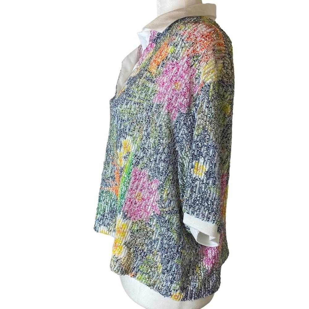 In The Mood For Love Sequin Floral Crop Top Linen Silk Boxy Collared L - Picture 4 of 16